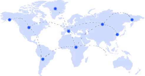 Blue world map with large dots connected by dashed lines representing global network points.
