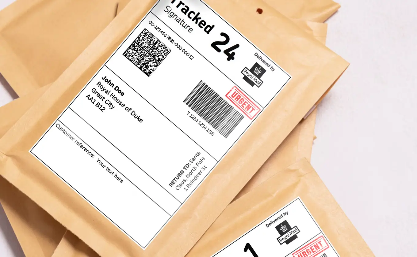Person holding a small tracked shipping package over bubble wrap on a table surface.
