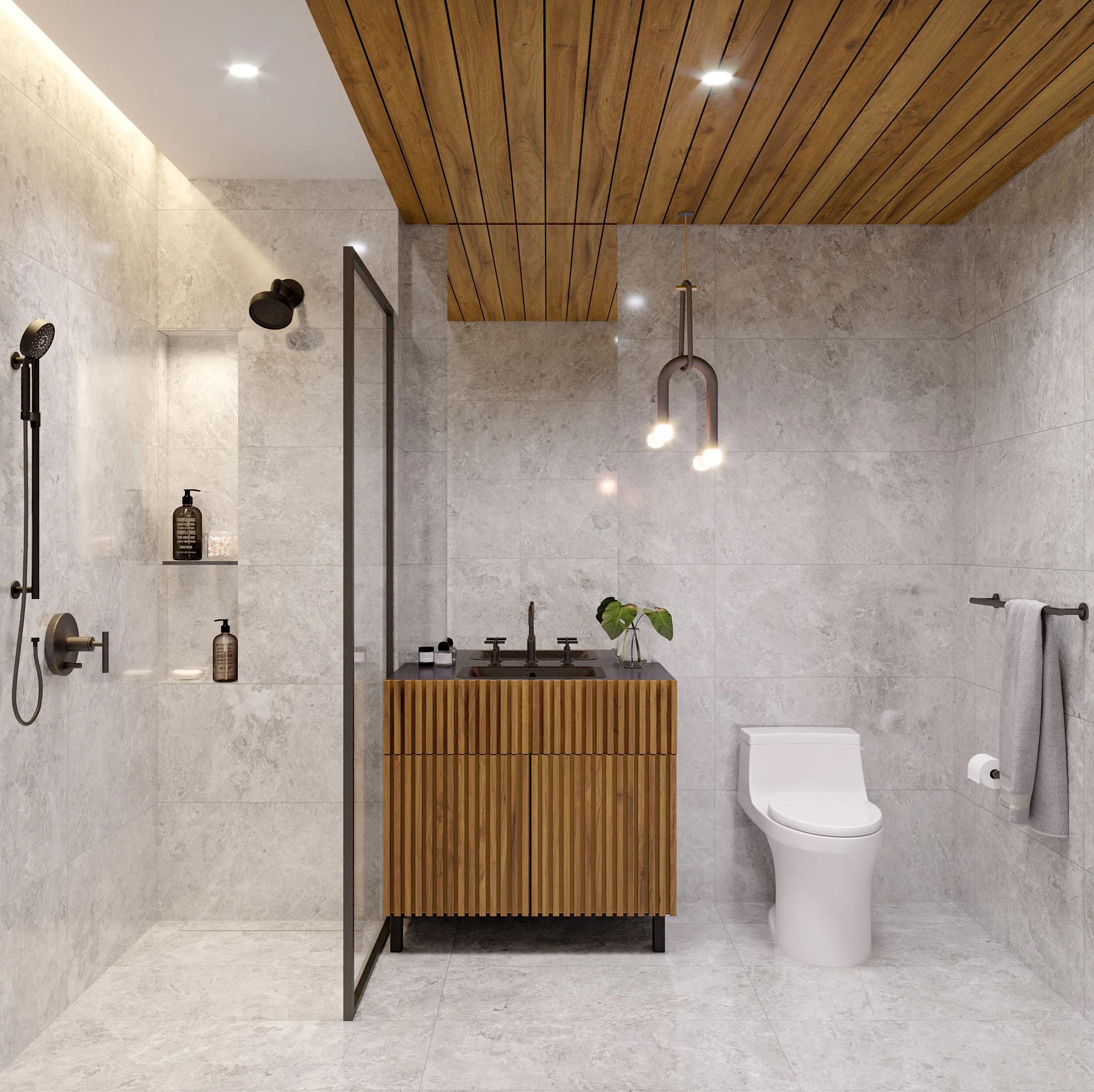 Modern bathroom with light gray marble tiles, wooden ceiling and vanity with black countertop, glass-enclosed shower, white toilet, and pendant light.