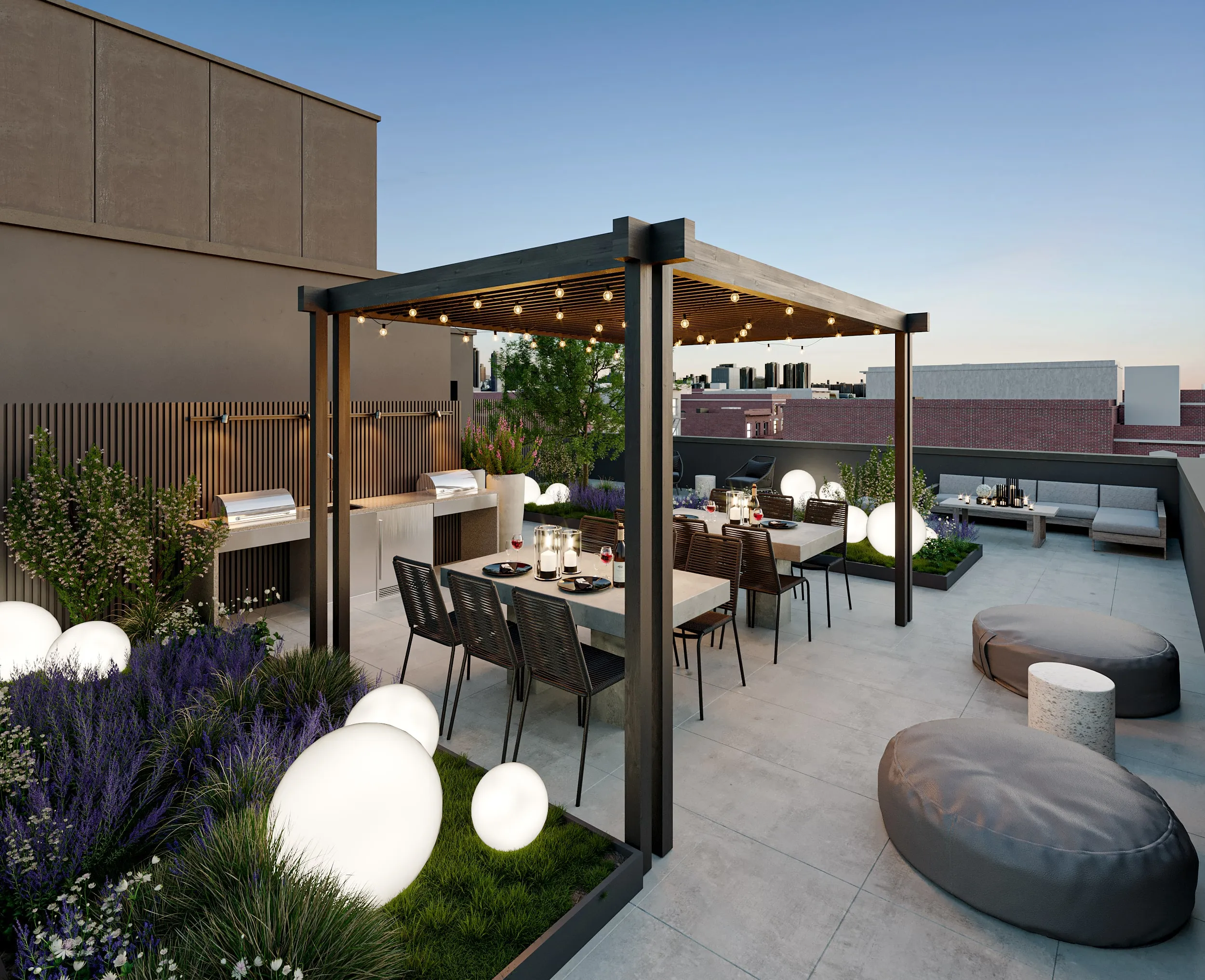 Modern rooftop patio with a pergola-covered dining area, outdoor grills, glowing spherical lights, lounge seating, and decorative plants.