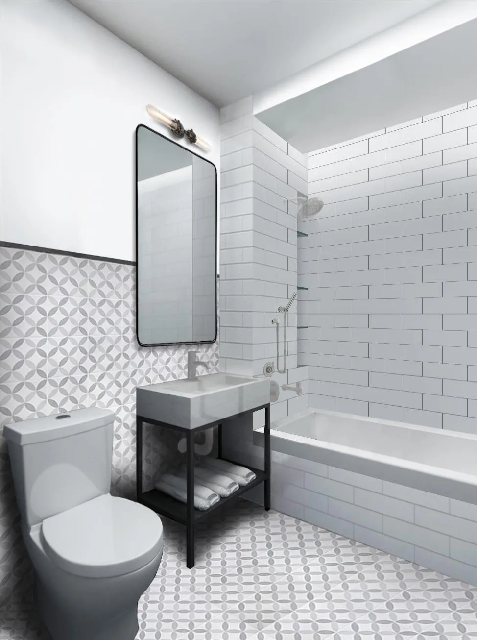 Modern bathroom with patterned tile floor and walls, a white toilet, a rectangular sink with black metal stand and towels underneath, a wall mirror with black frame, and a white tiled bathtub with showerhead.