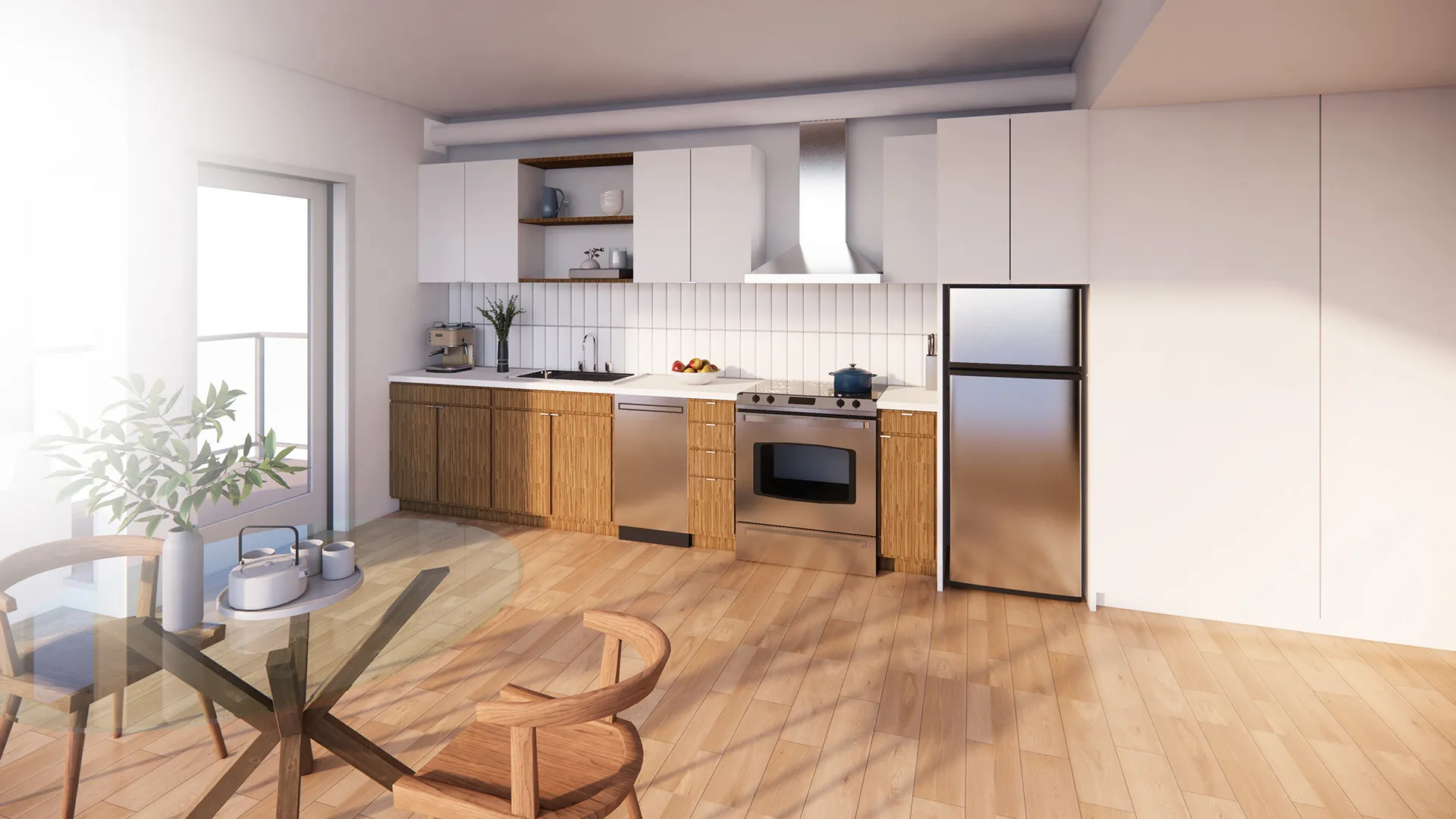 Modern kitchen with light wood lower cabinets, white upper cabinets, stainless steel appliances, and a glass dining table with wooden chairs.