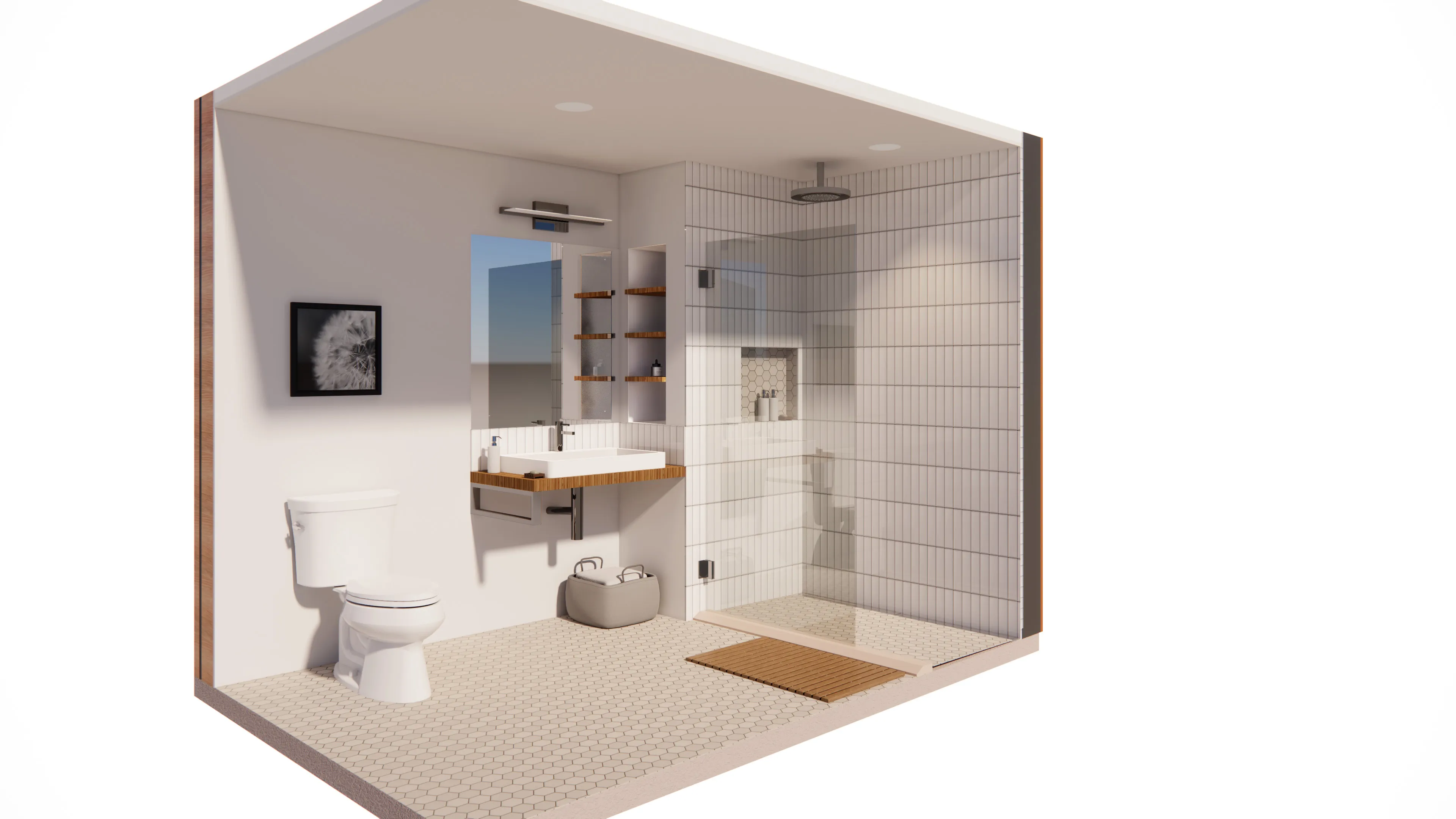 Modern bathroom with white hexagonal tile floor, a white toilet, wall-mounted sink with wooden countertop, glass-enclosed shower with rain showerhead, and a black-and-white dandelion photo on the wall.