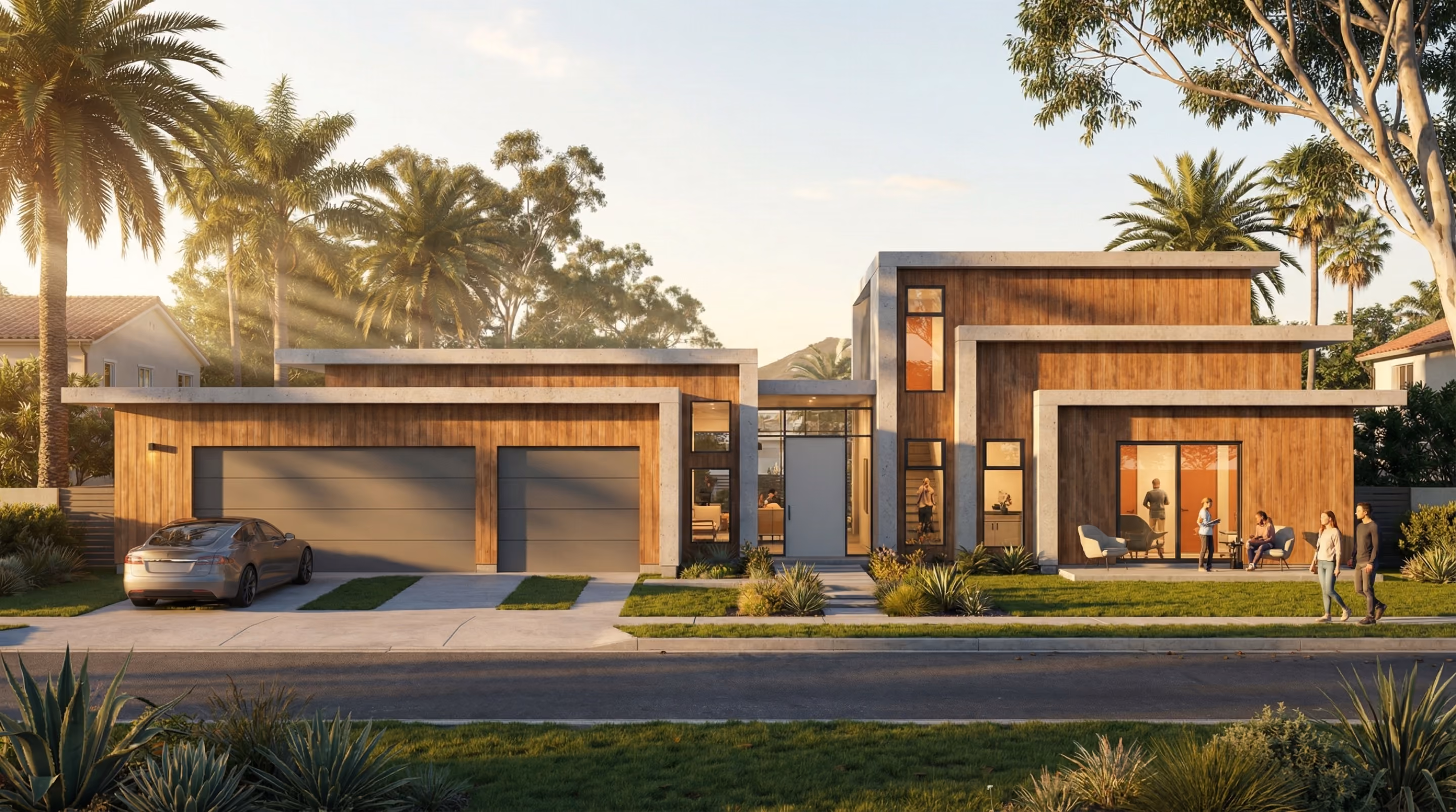 Modern house with wood paneling, concrete trim, a double garage, palm trees, and people in front and near porch.