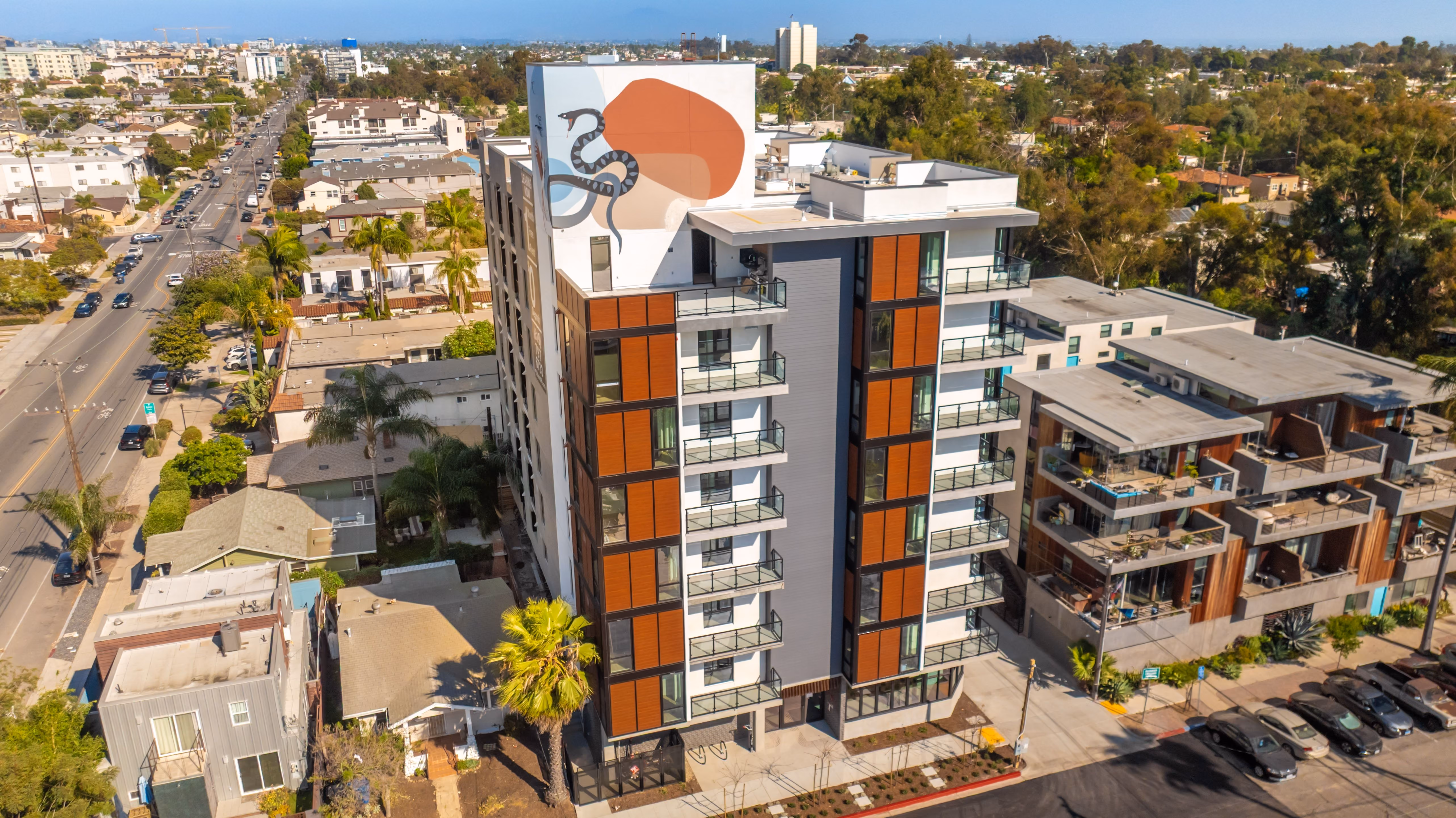 Modern mid-rise apartment building with balconies and snake mural on upper side, surrounded by houses.