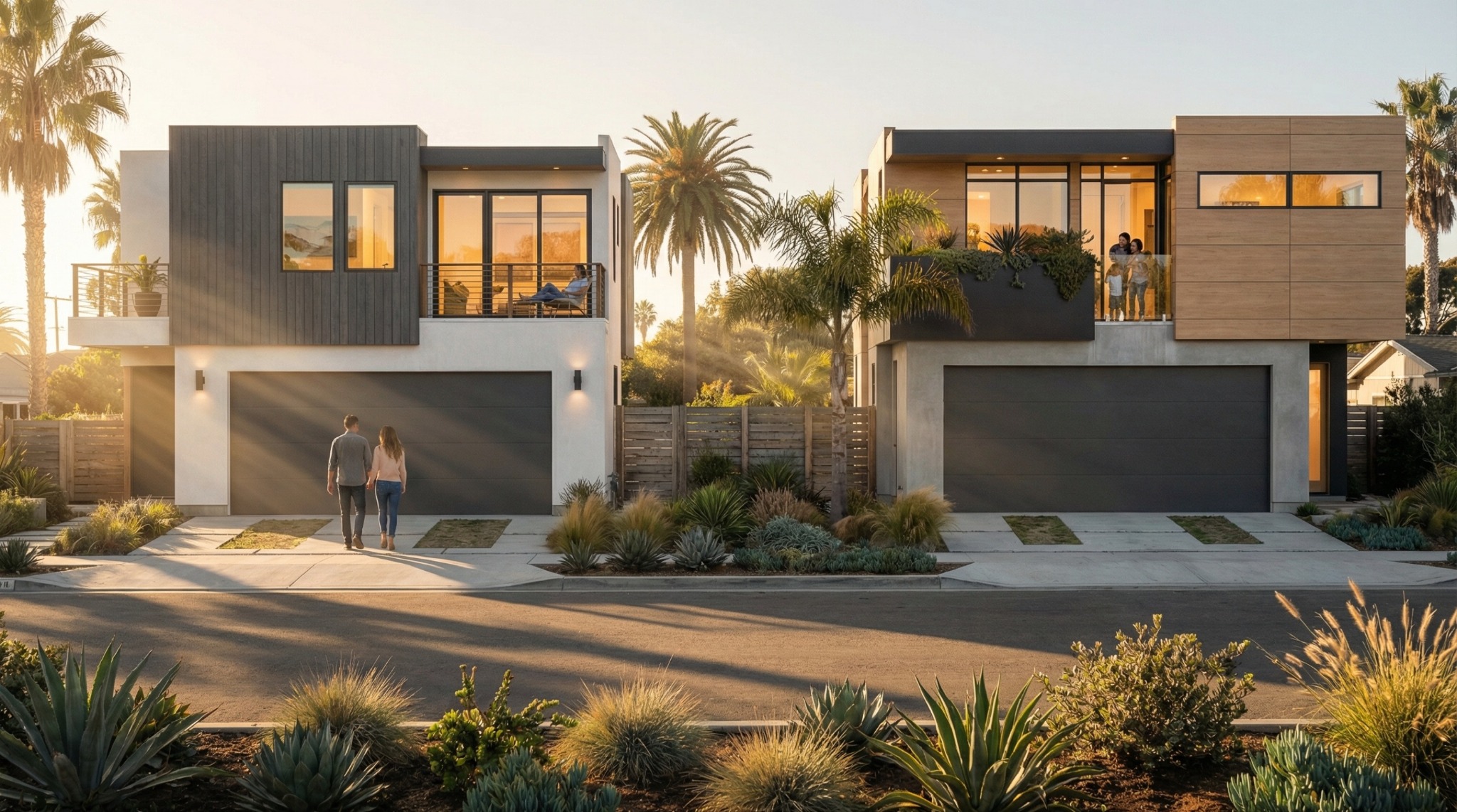 Rendering of two-story residences at 241 Andrew Ave with palms and landscaped entrances.