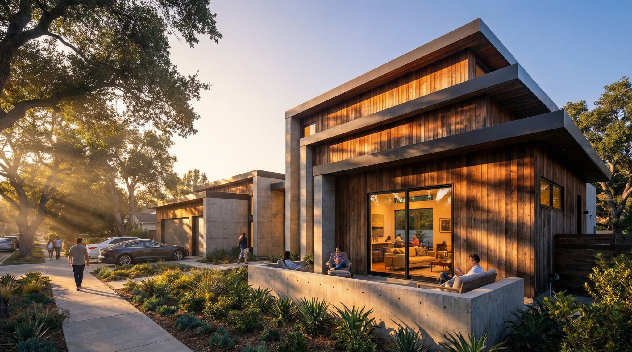 Rendering of the 241 Andrew Ave Lot 7 residence with tall windows and landscaped grounds.