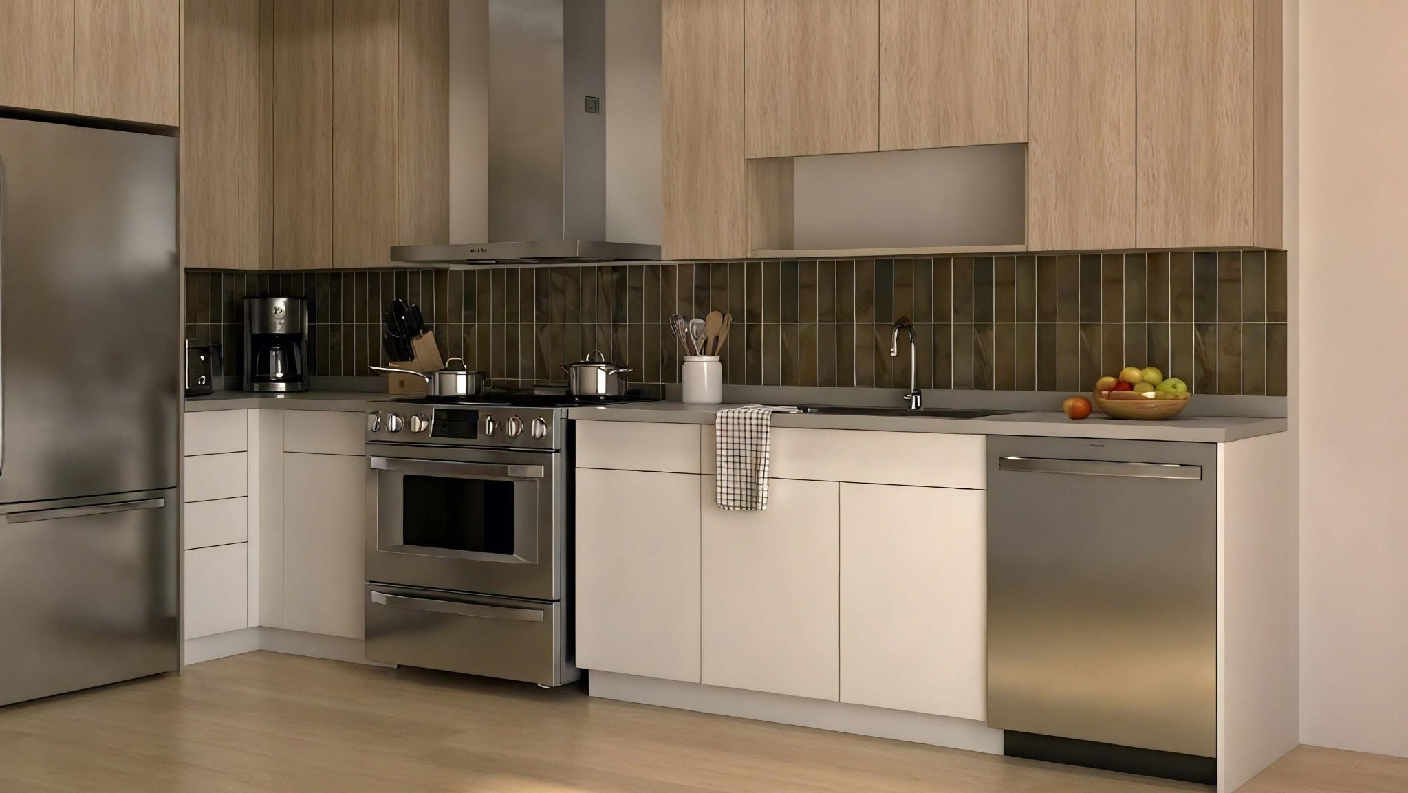 Rendering of the 4th & Brookes kitchen with pale wood cabinetry and green tile backsplash.