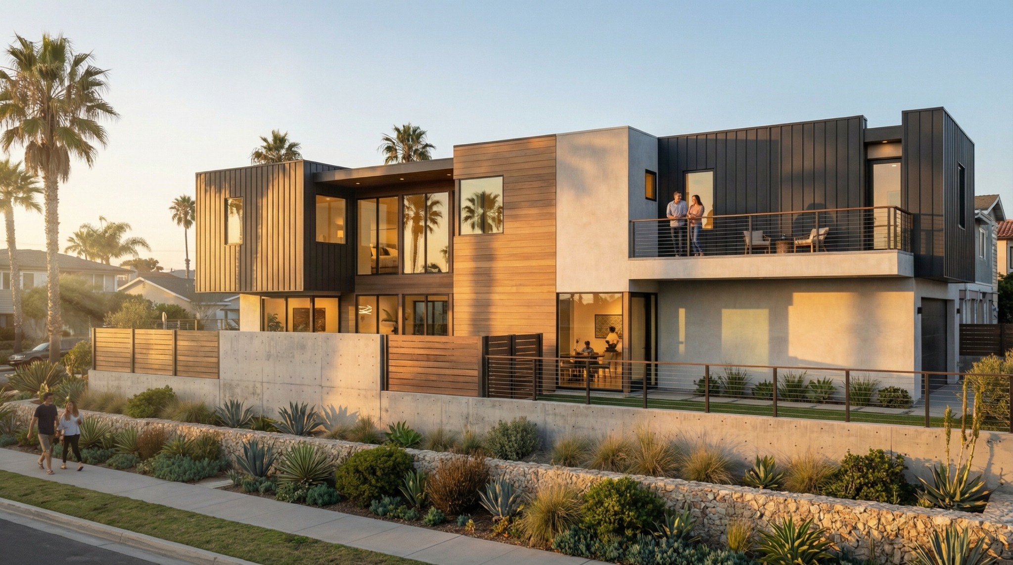 Rendering of modern 241 Andrew Ave residences with wood and stone facades at sunset.