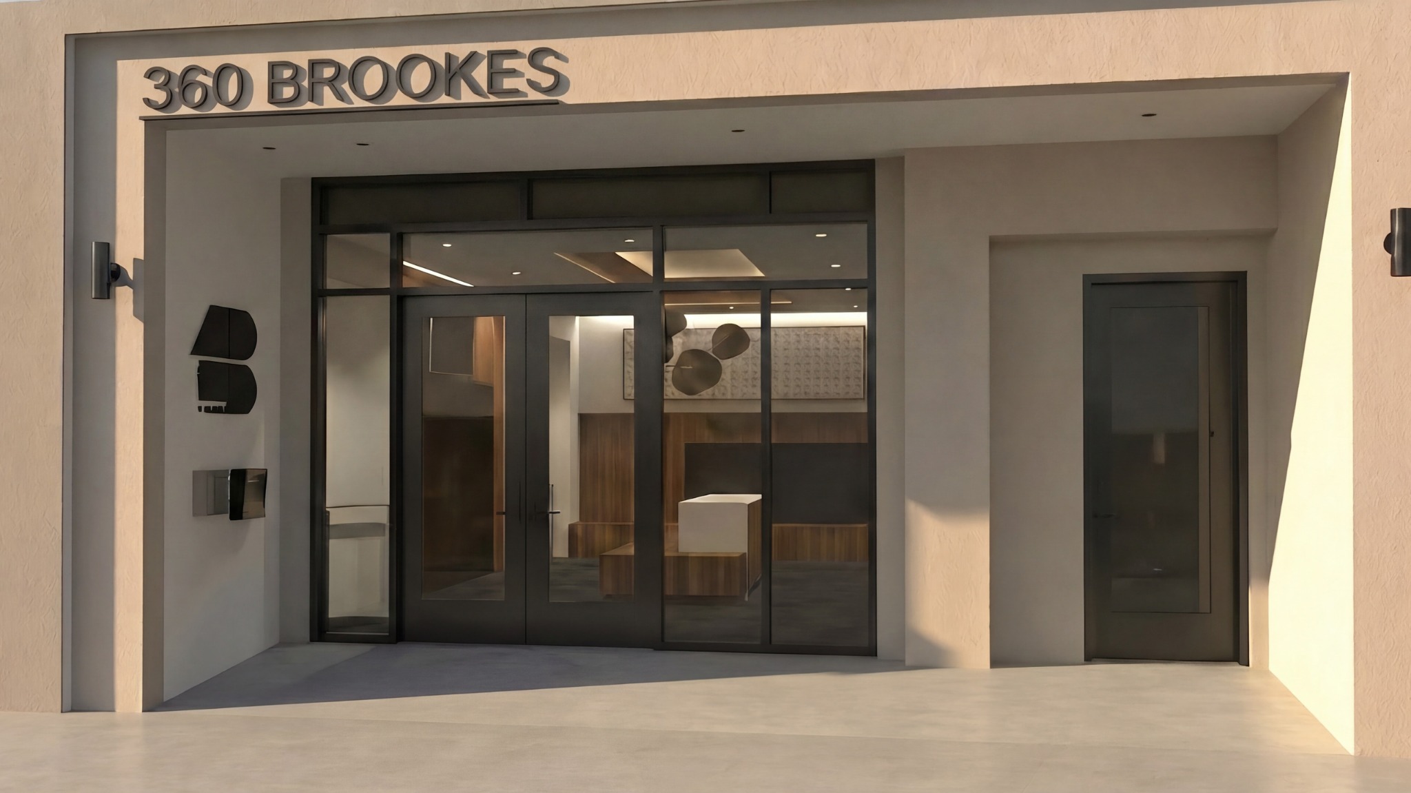 Rendering of the 4th & Brookes entrance with 360 Brookes signage and glass doors.