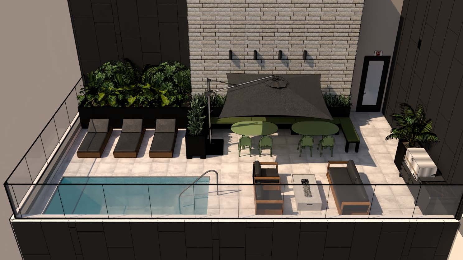 Rendering of the 4th & Brookes pool terrace with lounge chairs and planted seating areas.