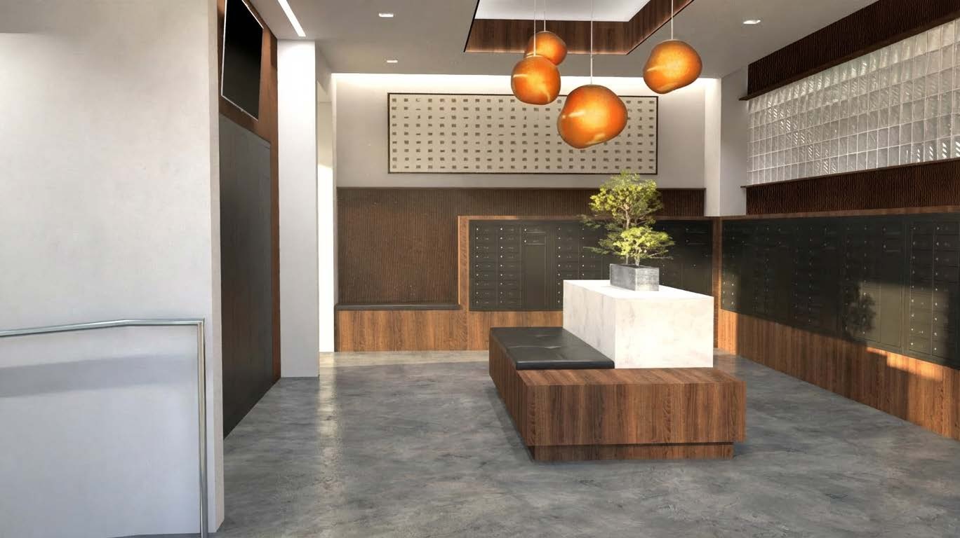 Rendering of the 4th & Brookes lobby with a wood reception desk and pendant lighting.