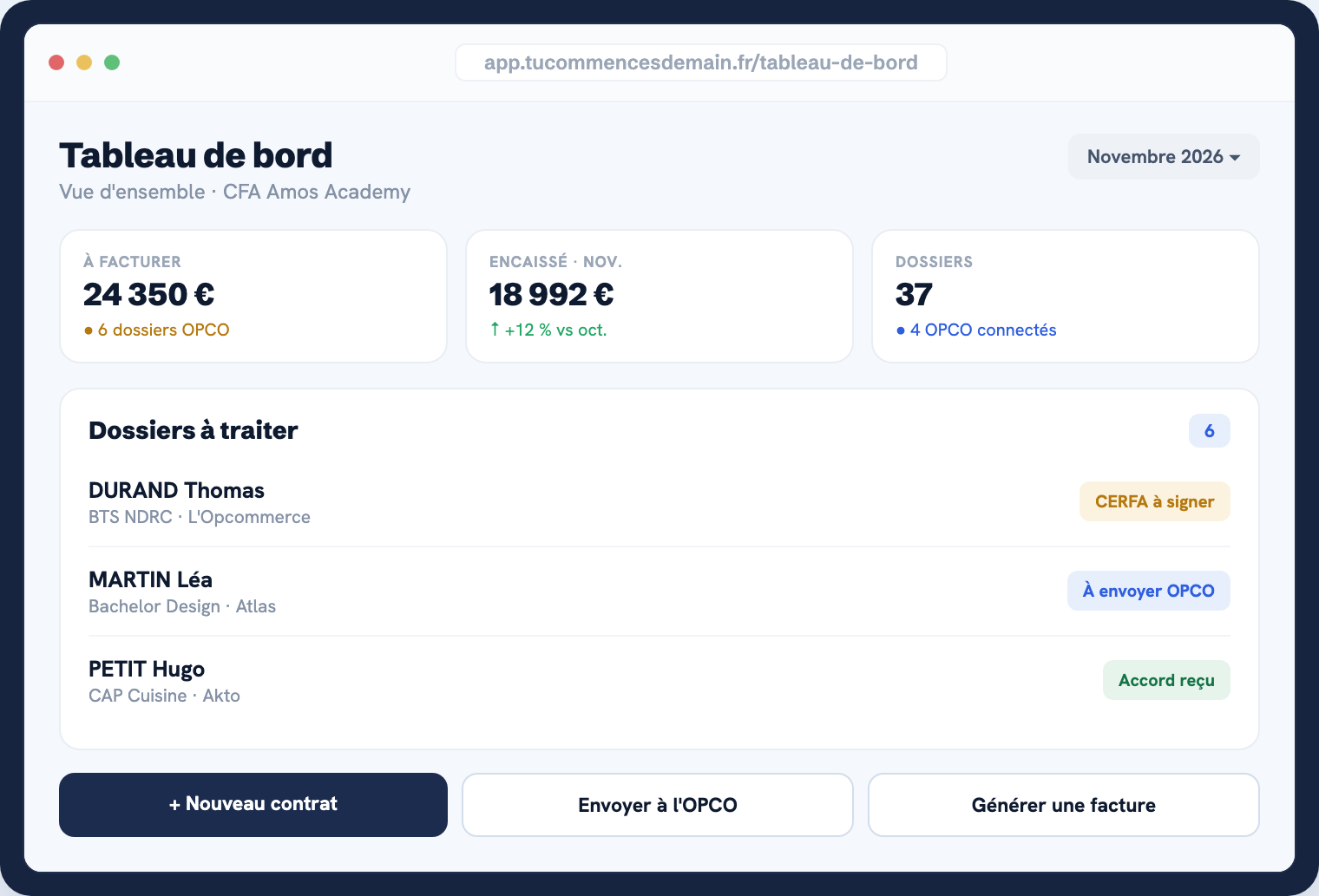Logiciel Tu Commences Demain : suivi de facturation OPCO, dossier accepté et facture payée en 7 jours