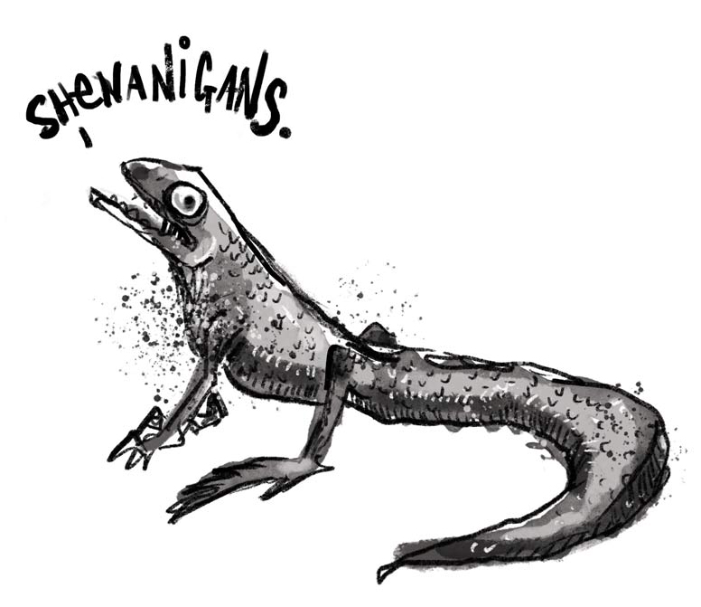 Stylized illustration of a lizard saying "Shenanigans." drawn by Chelle Lorenzen. 