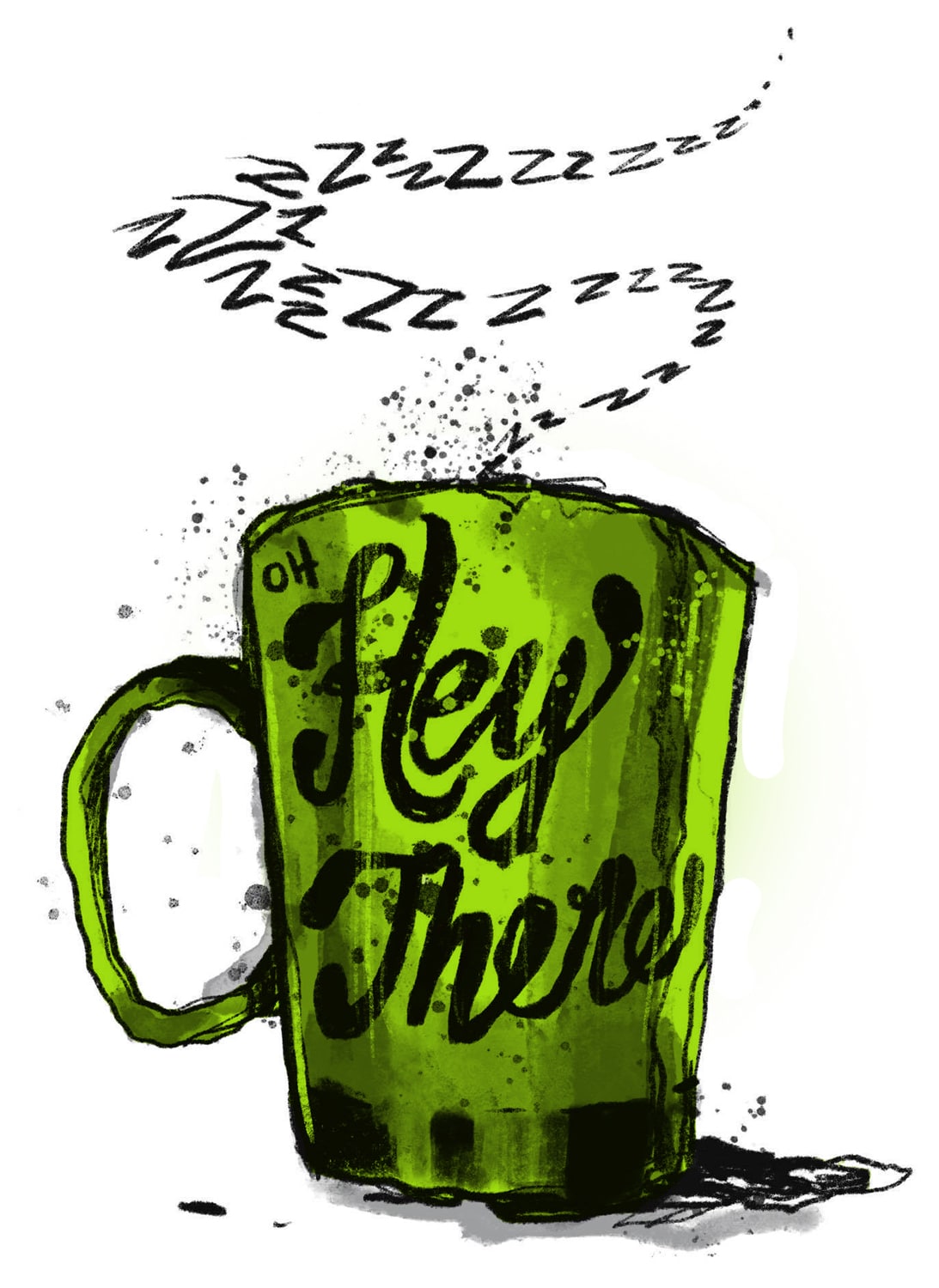 Cup of coffee that reads 'Hey there' illustration by Chelle Lorenzen