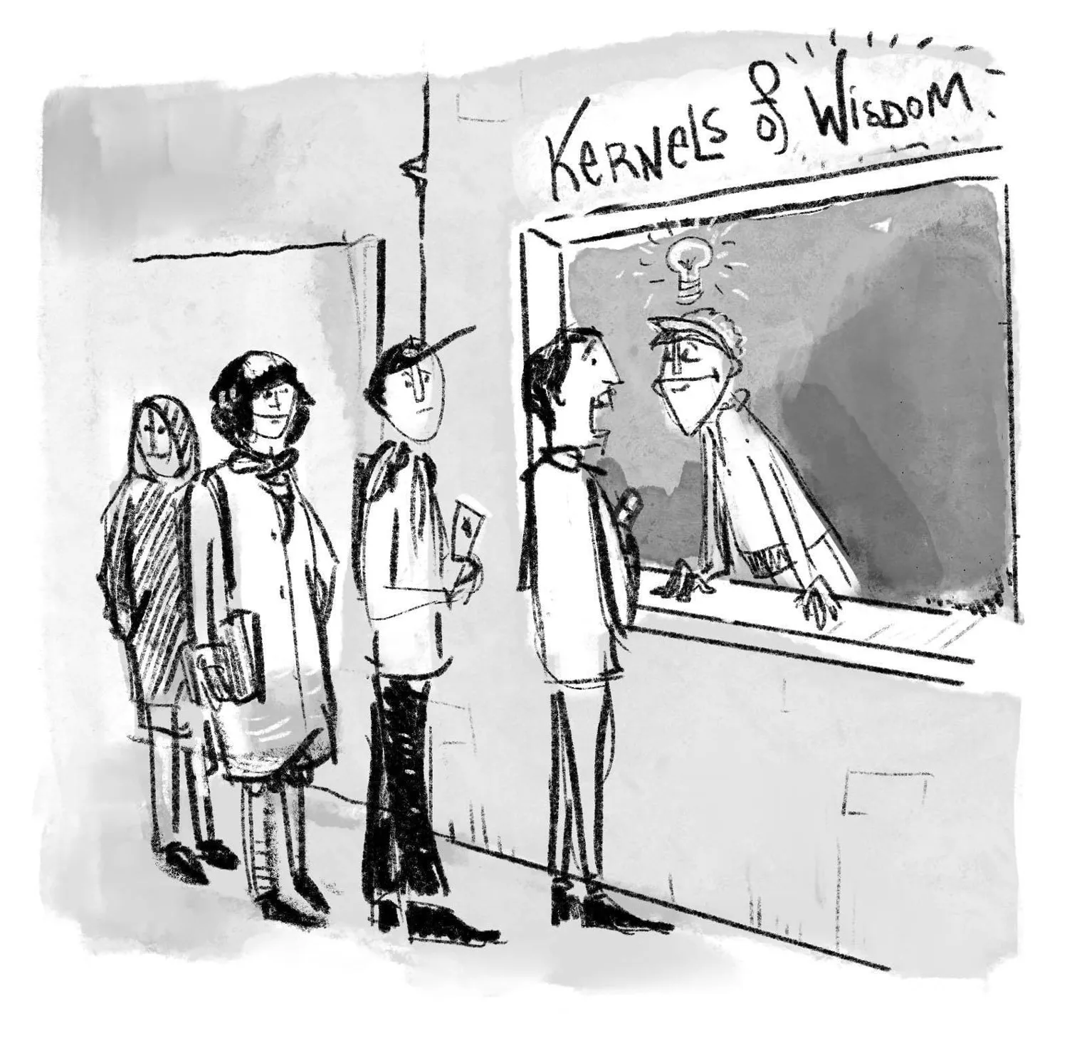 People standing in a line waiting for 'Kernels of Wisdom' illustration by Chelle Lorenzen.