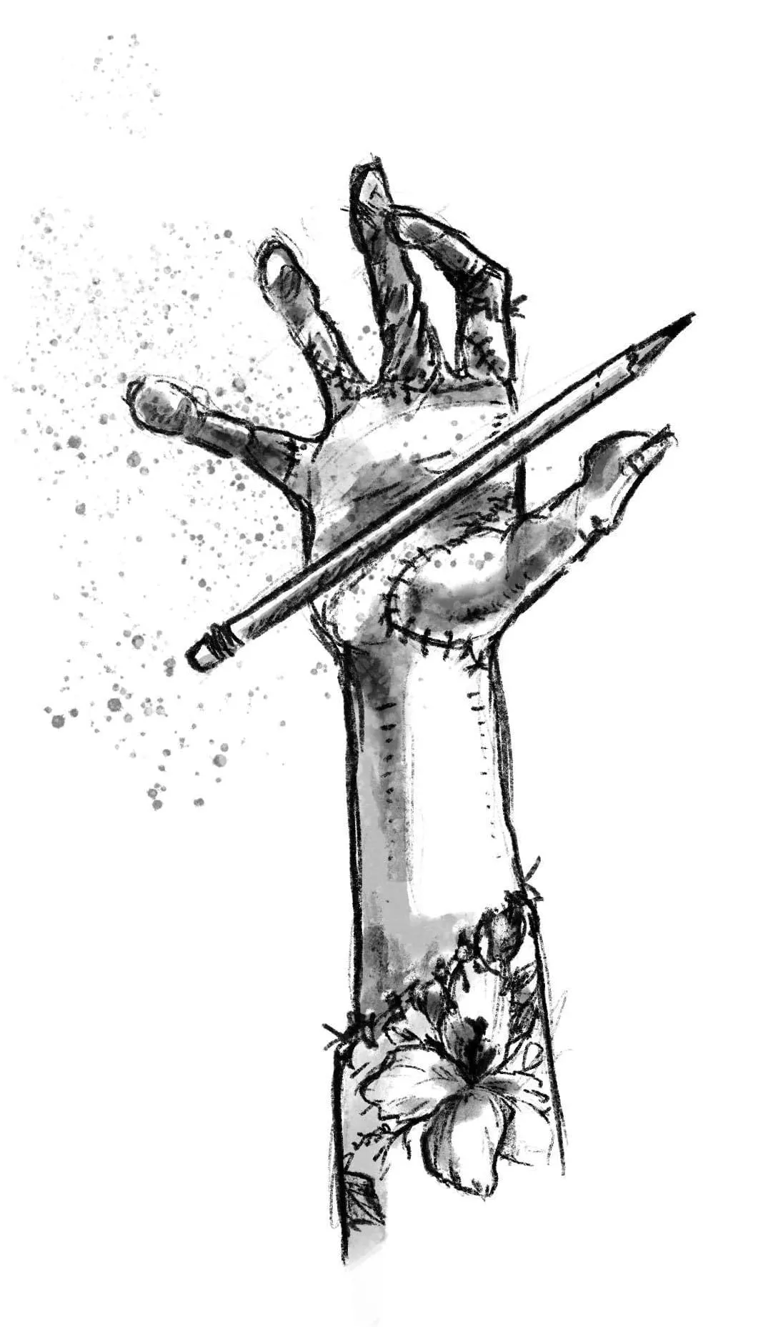 Frankenstein hand holding a pencil illustration drawn by Chelle Lorenzen.