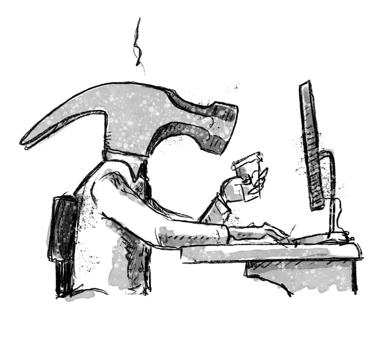 Designer with a hammer for a head working at a computer illustration drawn by Chelle Lorenzen.
