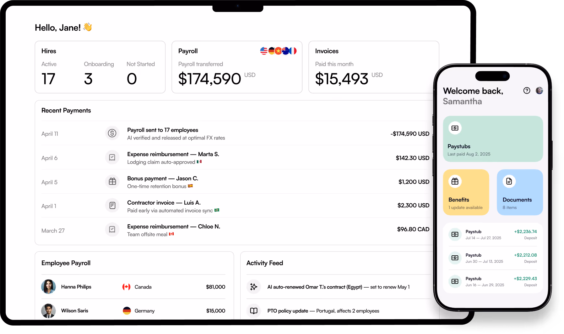 Employee dashboard interface shown on desktop and mobile