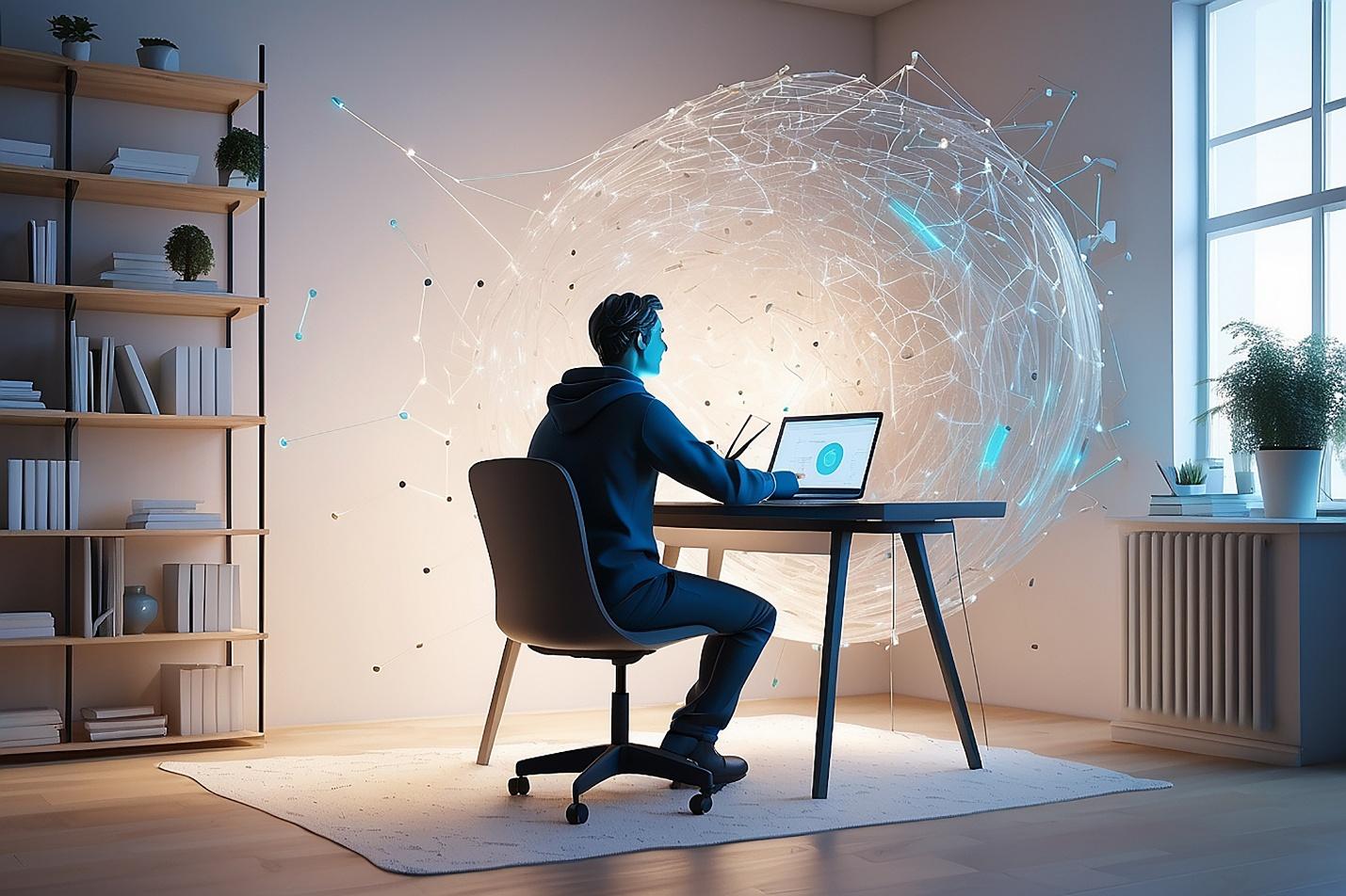 A person sitting at a desk with a computerAI-generated content may be incorrect.