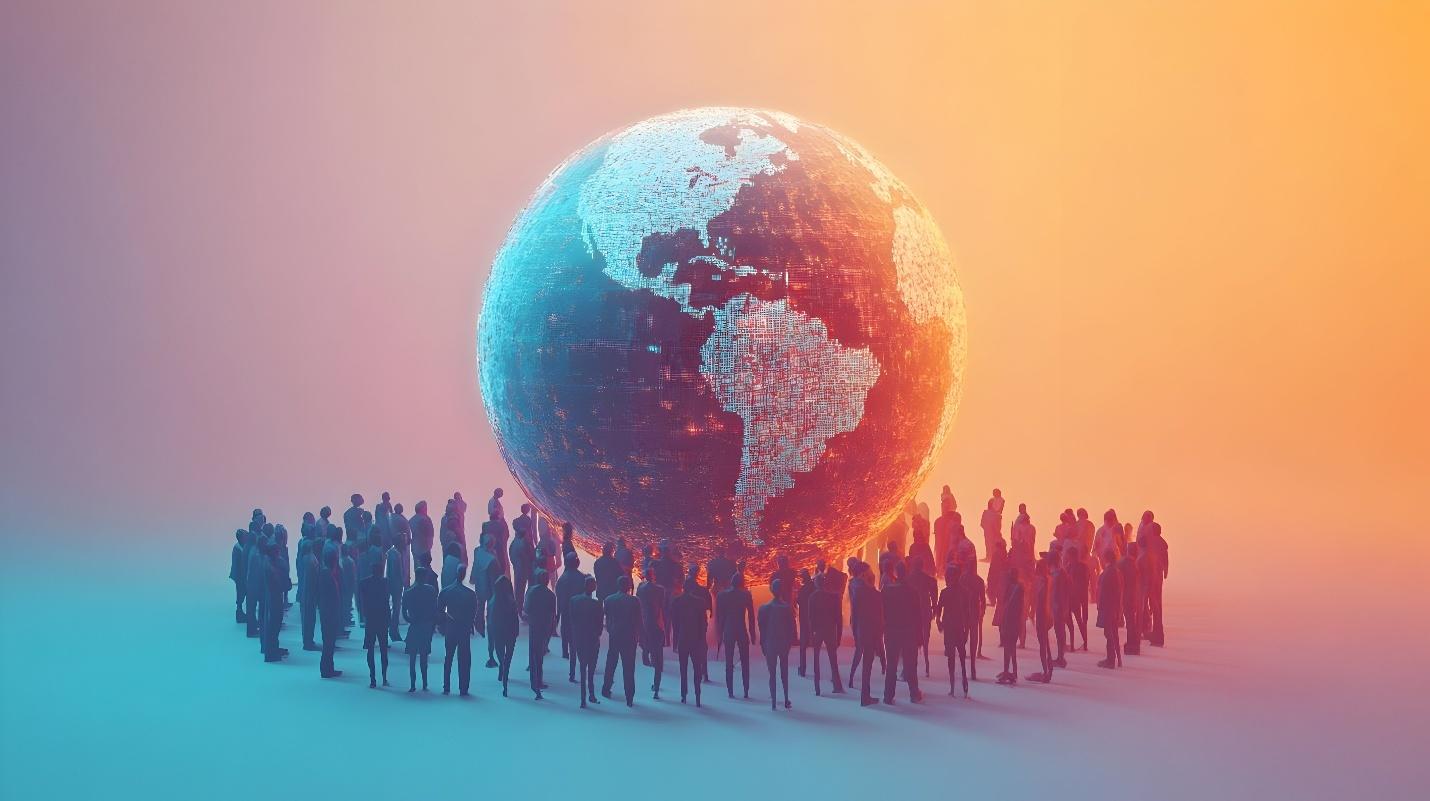 A group of people standing in front of a large globeAI-generated content may be incorrect.