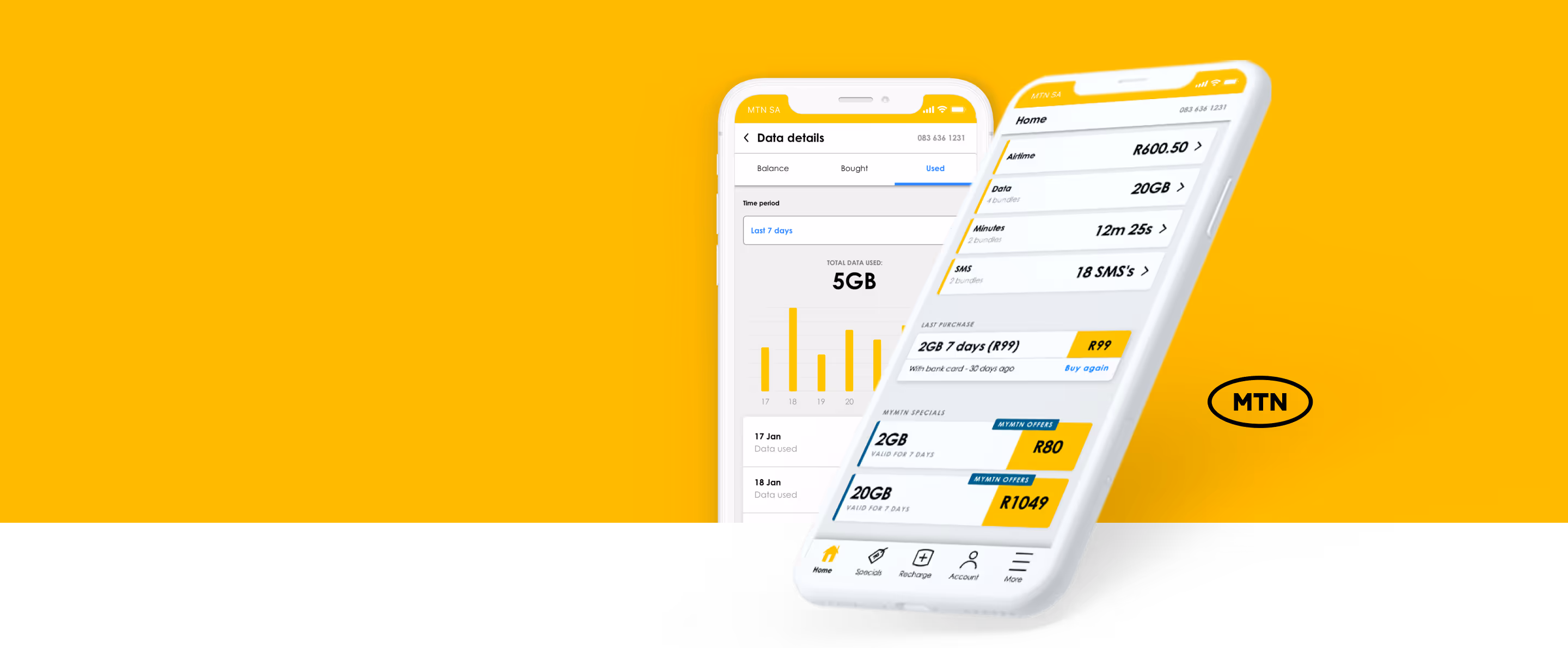 This image shows a mobile mock-up of the MTN App balance screen.