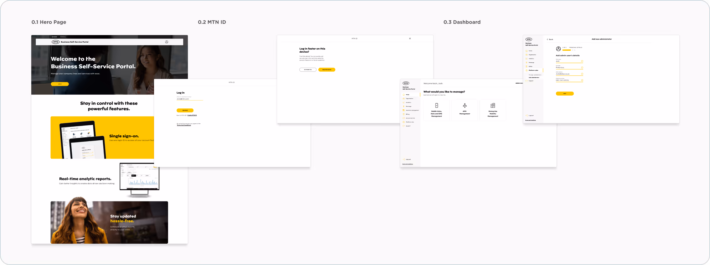 Shows the designed screens for the login flow for BSSP.