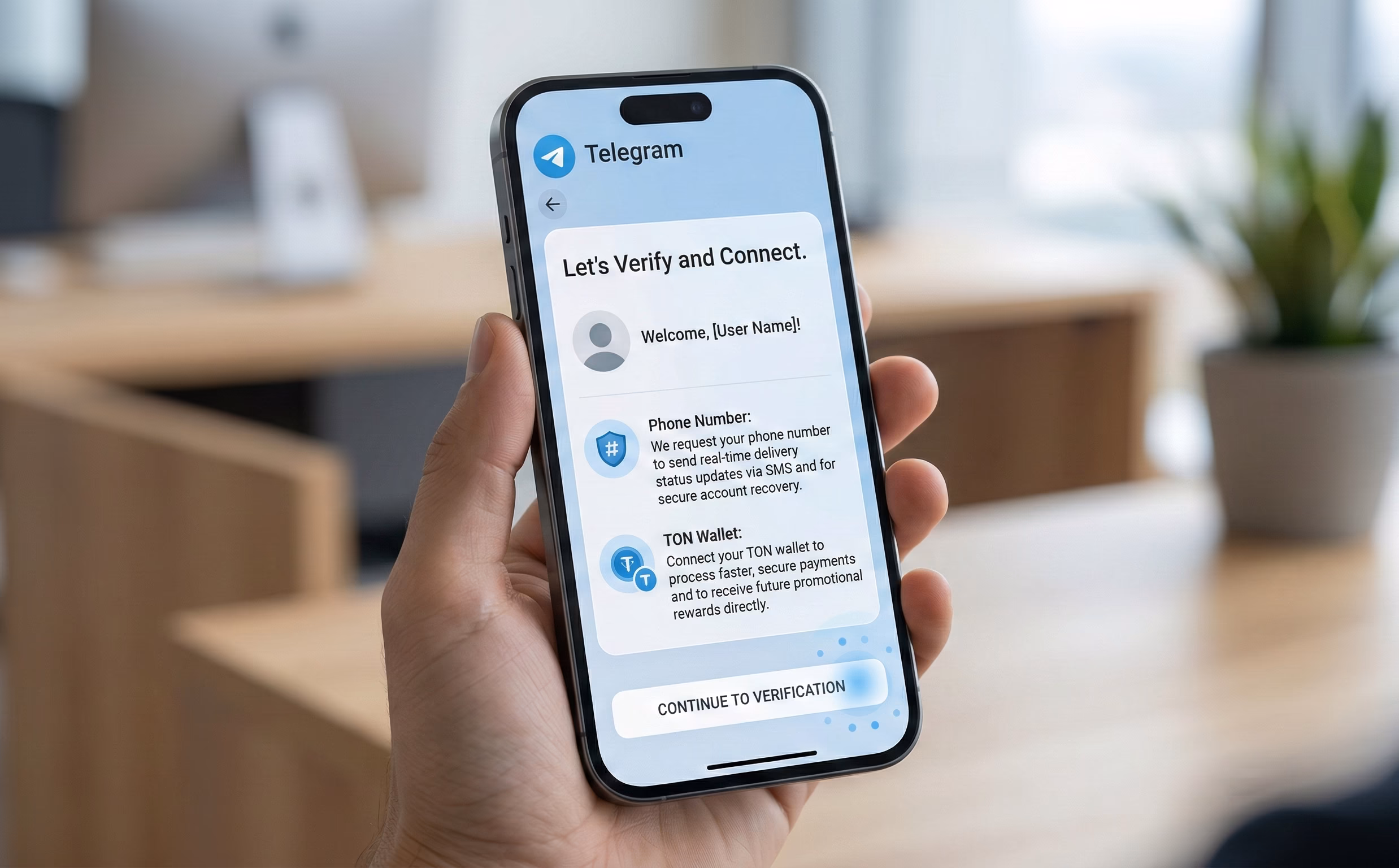 A transparent data request screen in a Telegram Mini App explaining the need for phone number or wallet access to build user trust.