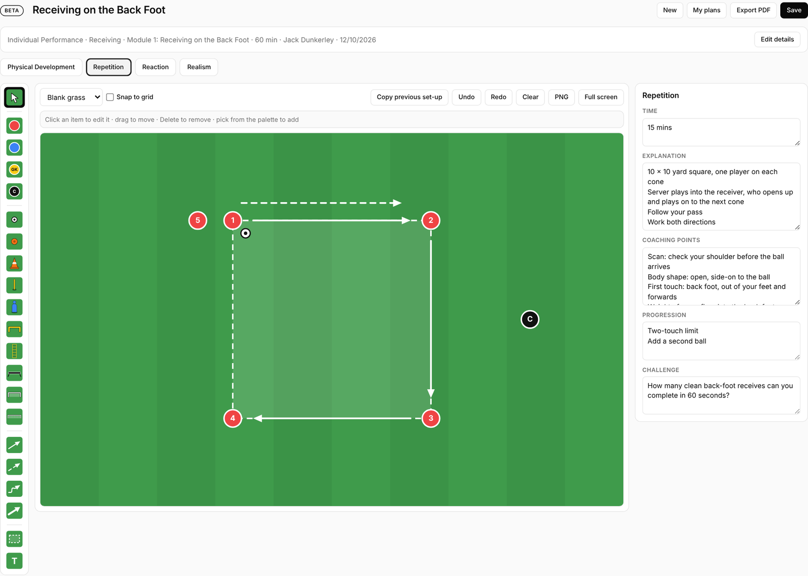 The Session Builder, showing a passing practice drawn on the pitch with coaching notes alongside