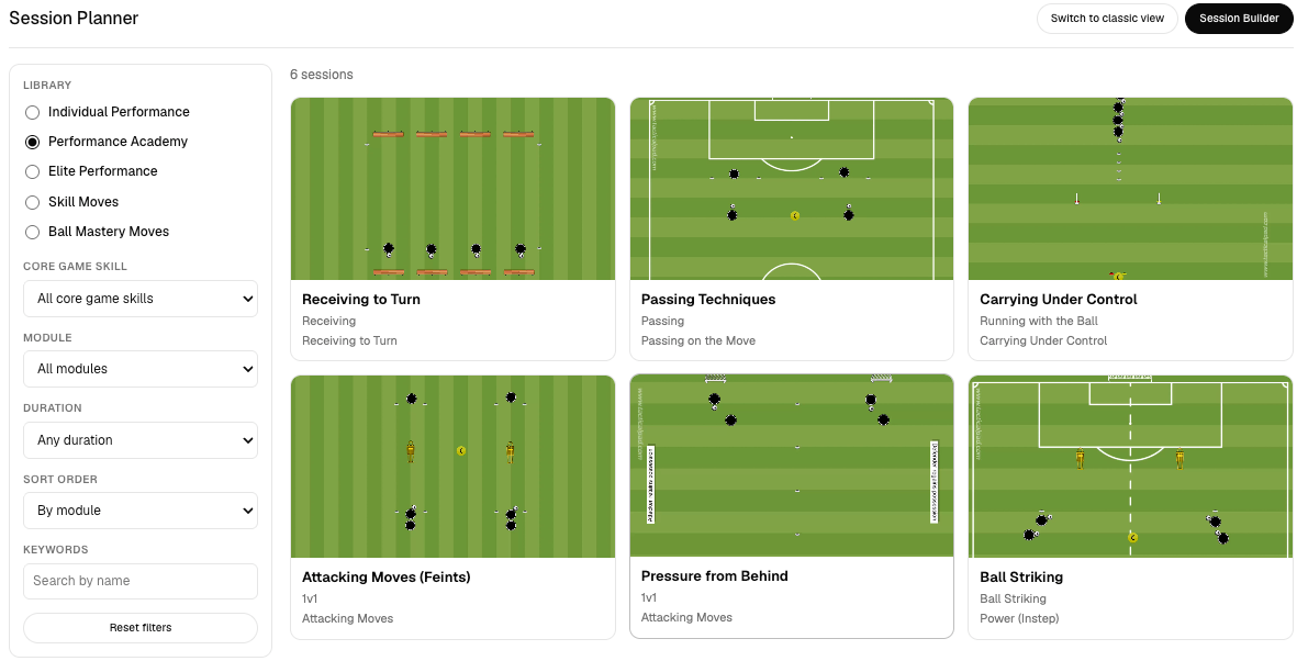 The Session Planner, showing Performance Academy sessions filtered by core game skill, module and duration