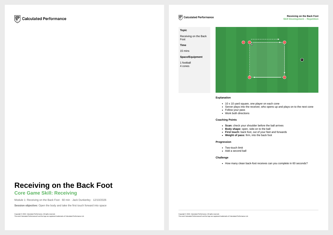 An exported session plan: cover page and a practice page with diagram and coaching points
