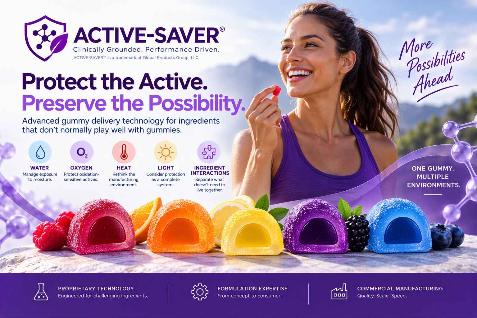 Active-Saver® promotional artwork featuring shell-and-core gummies and an active lifestyle scene.