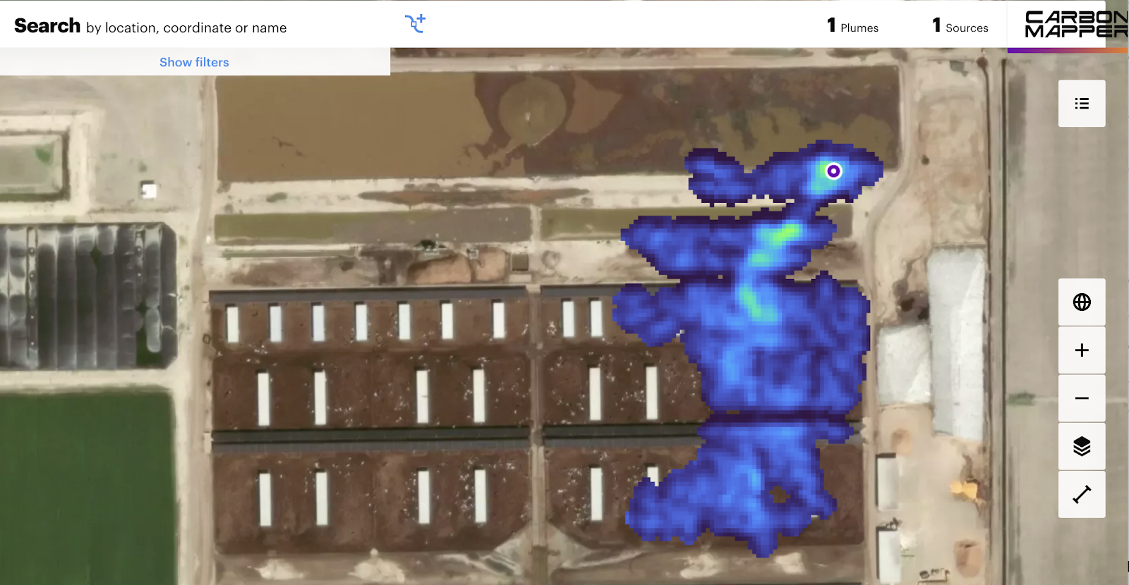 Figure 4. Methane plume as detected by the Carbon Mapper satellite above a dairy in Riverdale, California.