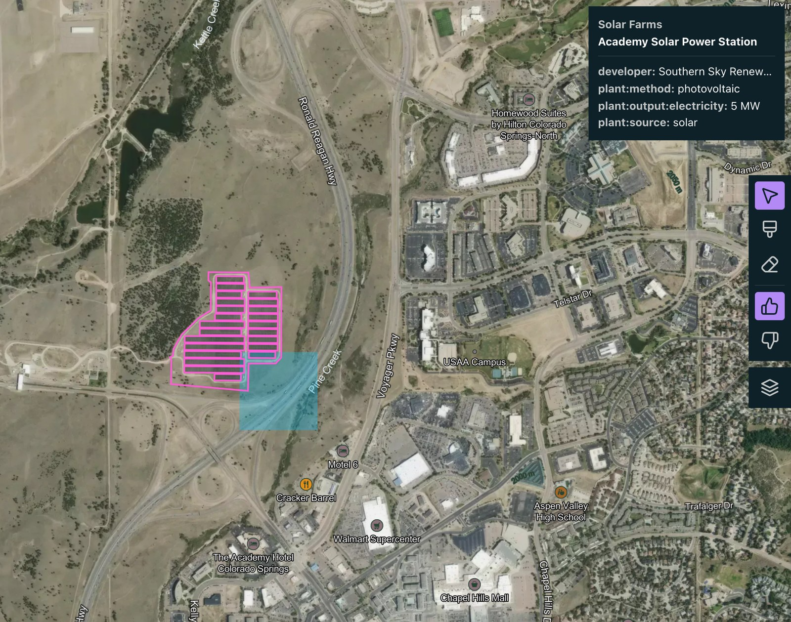 A Search for Stuff layer outlining a solar power station in Colorado Springs