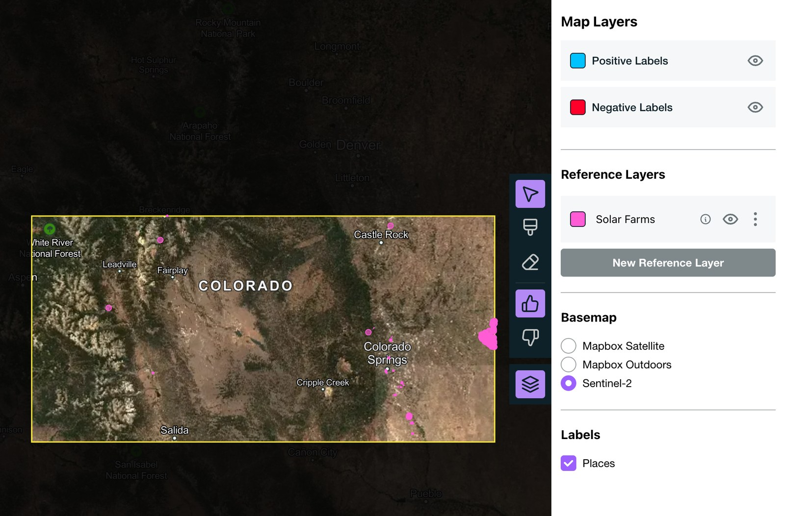 Solar farms mapped across a project area in central Colorado
