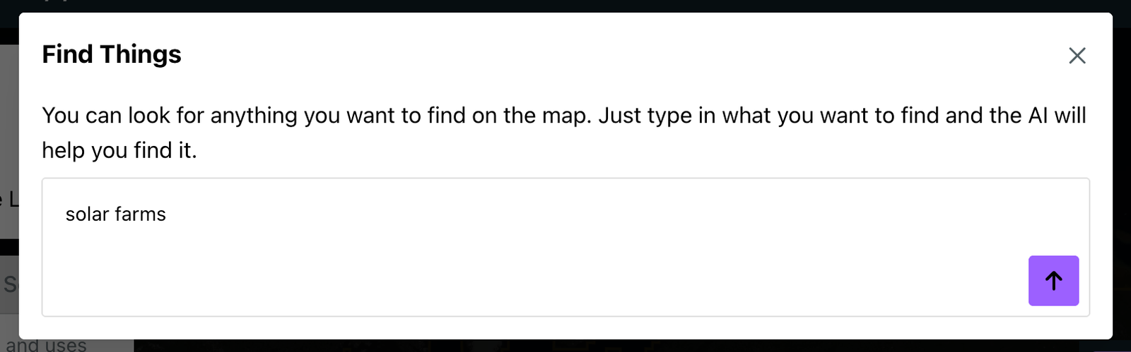 The Find Things dialog with "solar farms" typed in