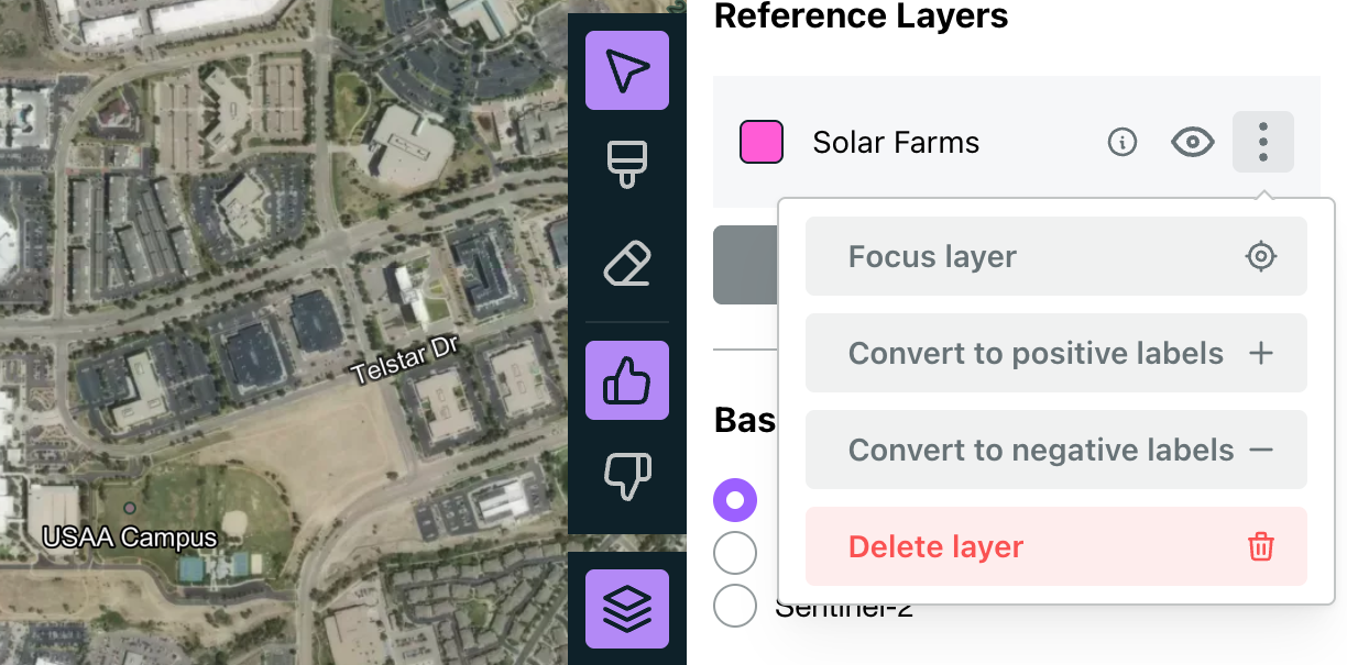 Layer menu with Focus layer, Convert to positive labels, Convert to negative labels and Delete layer