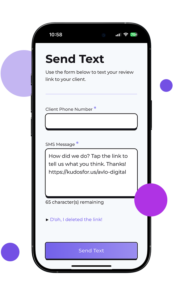 Screenshot of the Kudos Catcher app's Send Text page with a field for the client phone number and a field with a prefilled message.