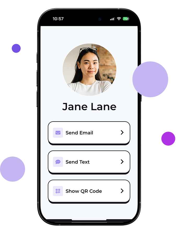 screen shot of Kudos Catcher's main menu with the Send Email, Send Text Message, and Show QR code options listed.