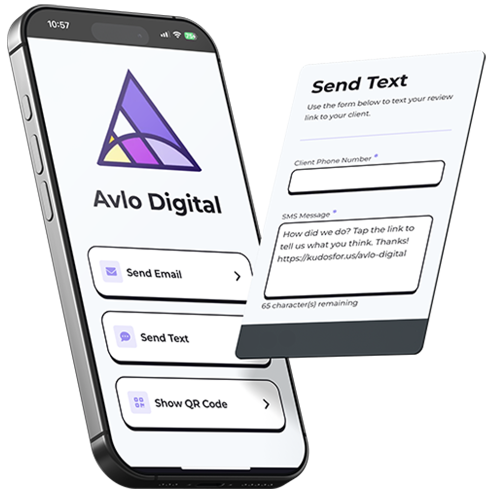 2 screen shot of the Kudos Catcher app. The firs shows the main menu with the Send Email, Send Text Message, and Show QR code options listed.  The second shows the Send Text page with a field for the client phone number and a field with a prefilled message.