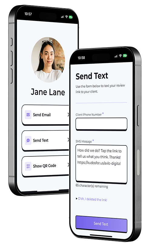 2 screen shot of the Kudos Catcher app. The firs shows the main menu with the Send Email, Send Text Message, and Show QR code options listed.  The second shows the Send Text page with a field for the client phone number and a field with a prefilled message.