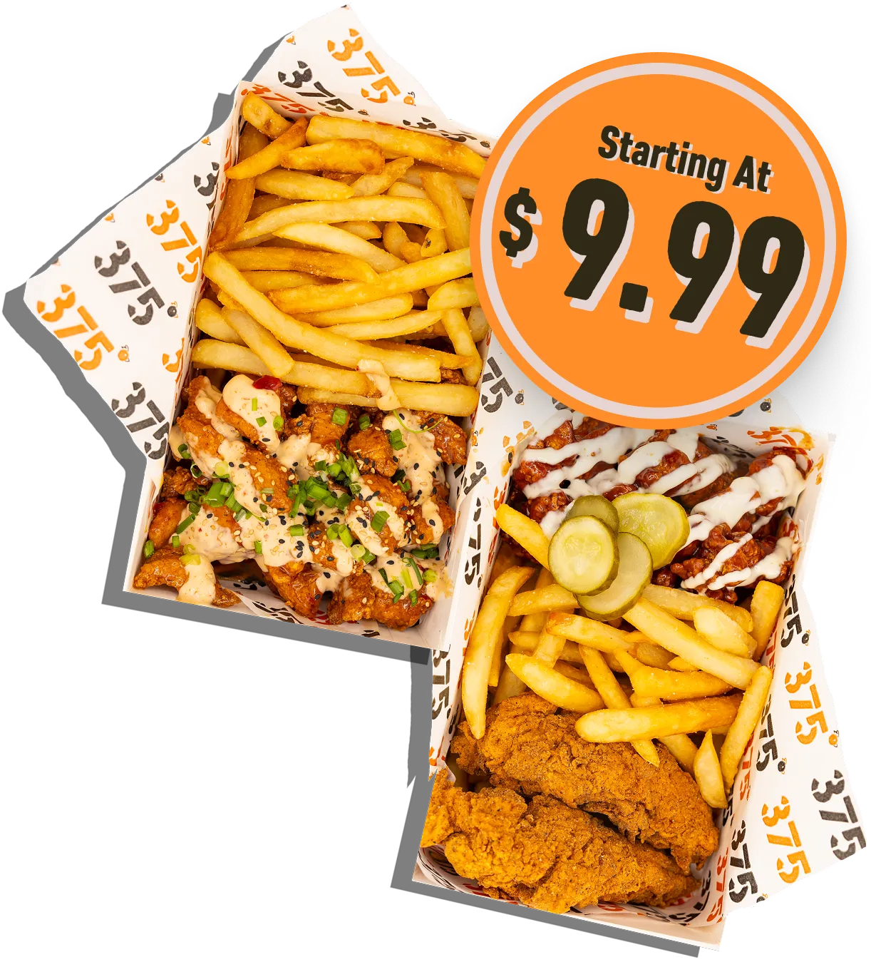 Two takeout boxes with crispy fried chicken, seasoned fries, pickles, and sauces, priced starting at $9.99.