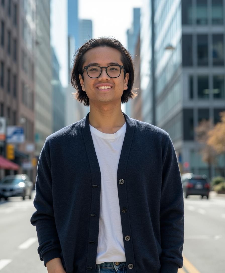 Photo of Santiago smiling at the camera with the SF city in the background