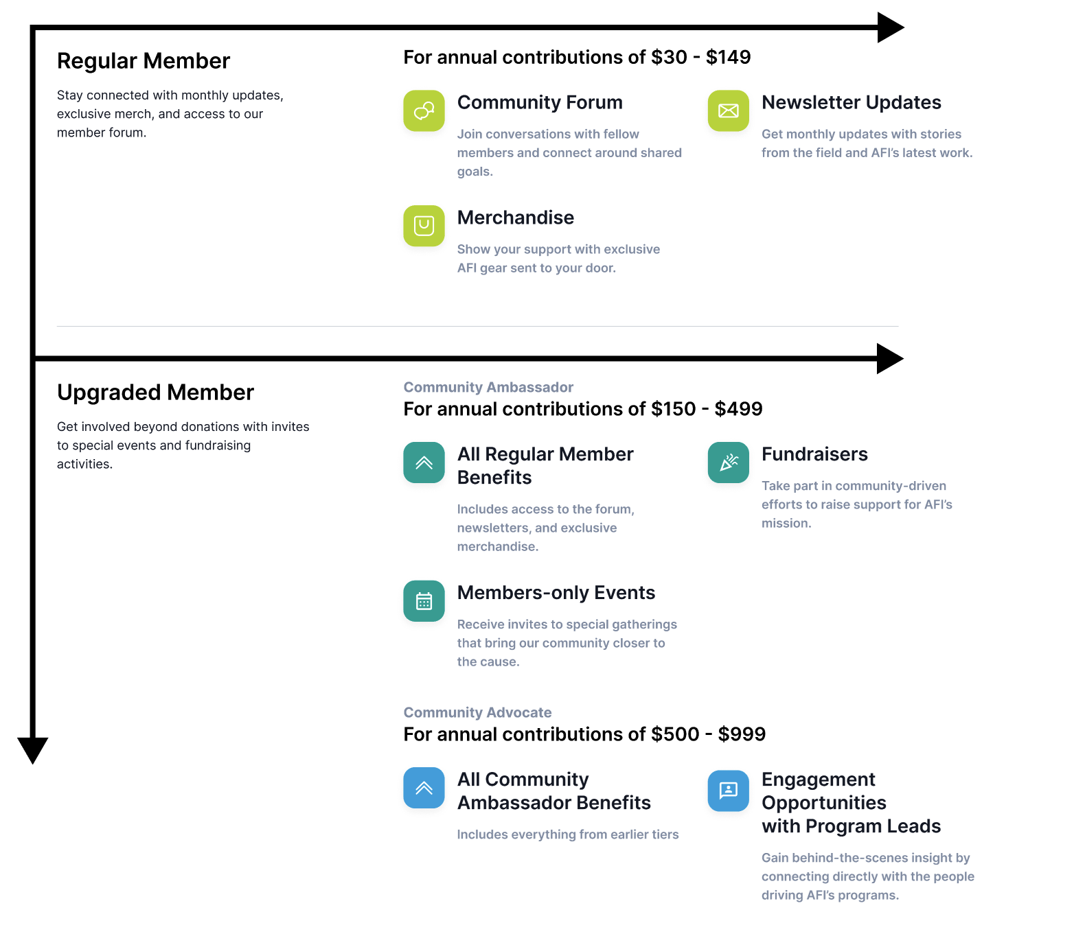 Detailed view of a single donation tier, highlighting benefits and monthly contribution options with clean, user-friendly layout