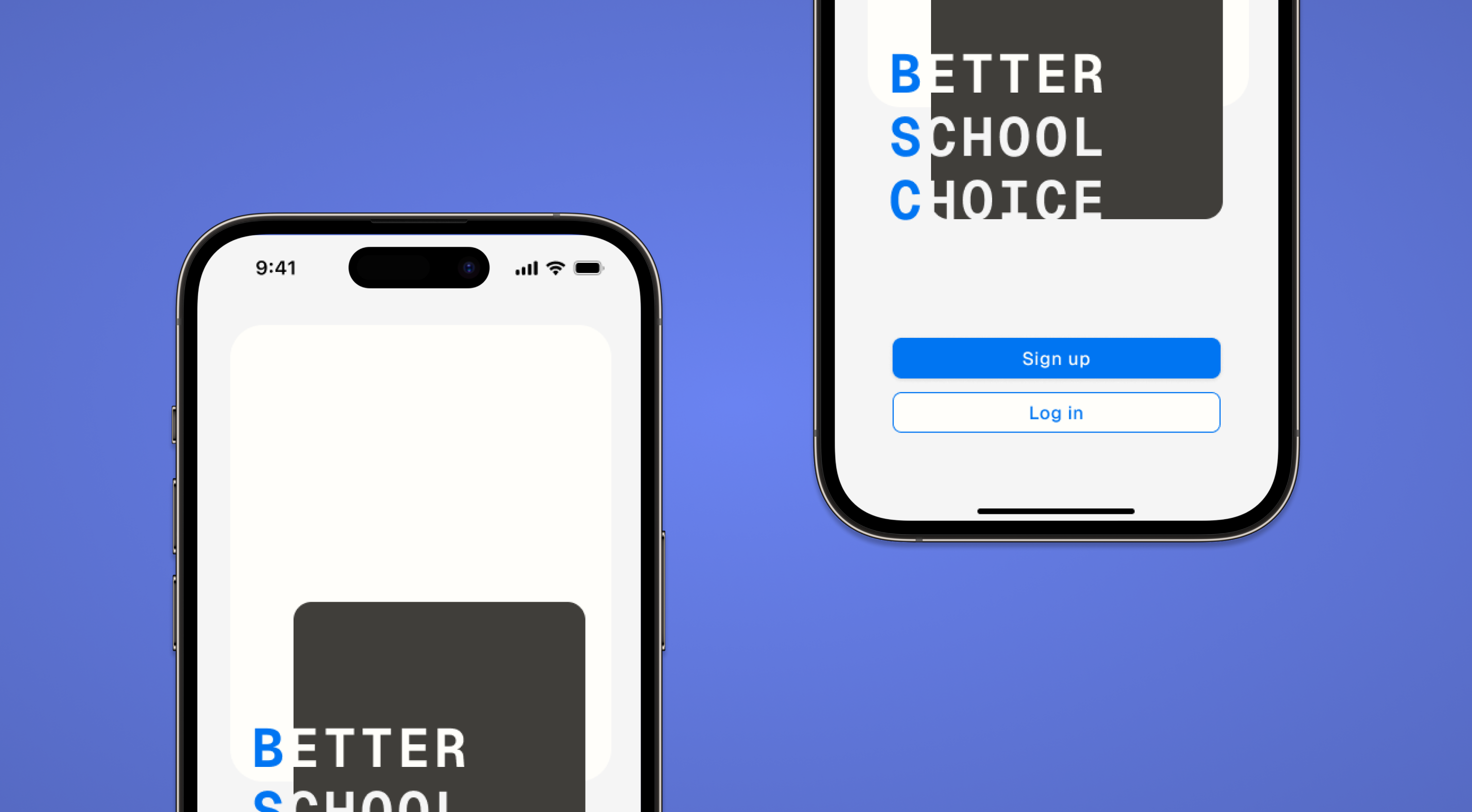 Landing splash on a mobile mock up for the school discovery app