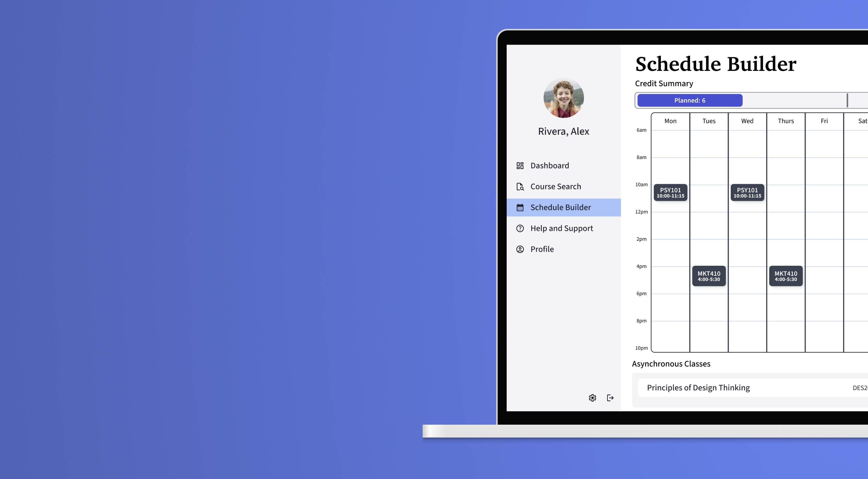 Schedule Builder page on a laptop mock up for the course registration tool