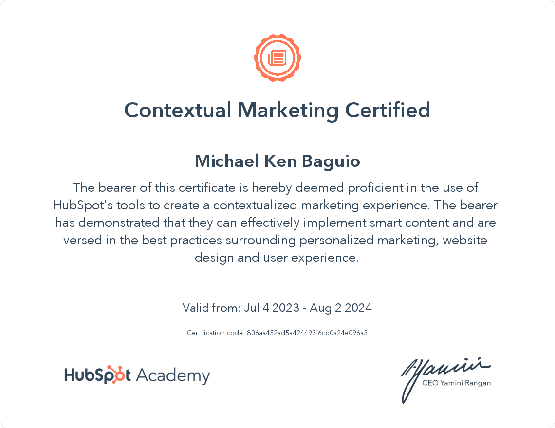 Michael Ken Baguio HubSpot Certificate