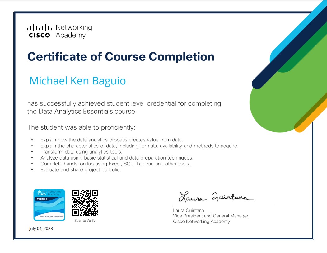 Michael Ken Baguio - Data Analytics Cetificate