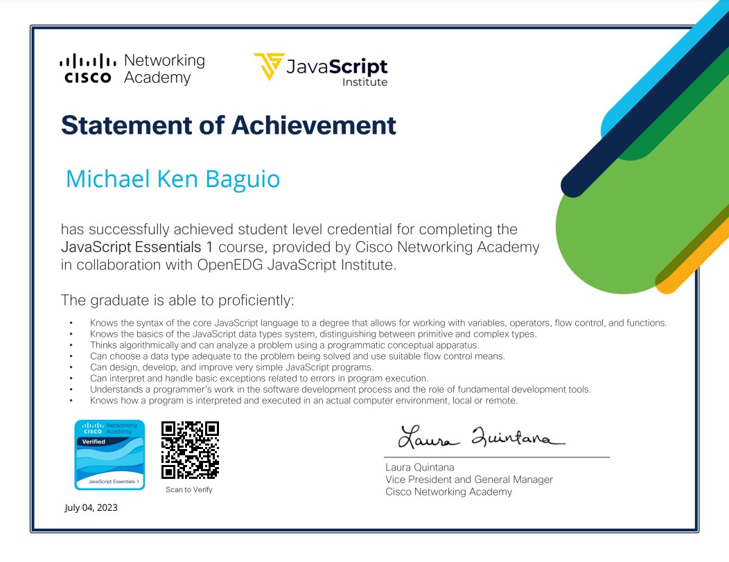 Michael Ken Baguio JavaScript Certificate