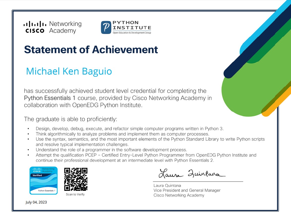 Michael Ken Baguio Python Essentials 1 Certificate